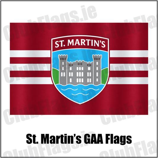 St. Martin’s GAA, County Wexford, maroon flag with three white horizontal stripes and a castle crest; realistic fabric mockup on white background