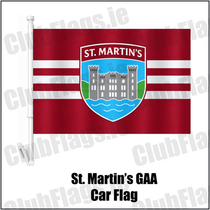 St. Martin’s GAA, County Wexford, maroon flag with three white horizontal stripes and a castle crest; car flag with white plastic window mount