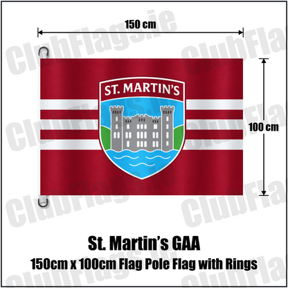 St. Martin’s GAA, County Wexford, maroon flag with three white horizontal stripes and a castle crest; 150 cm wide x 100 cm high flag with two dark D rings on white tabs, without a pole