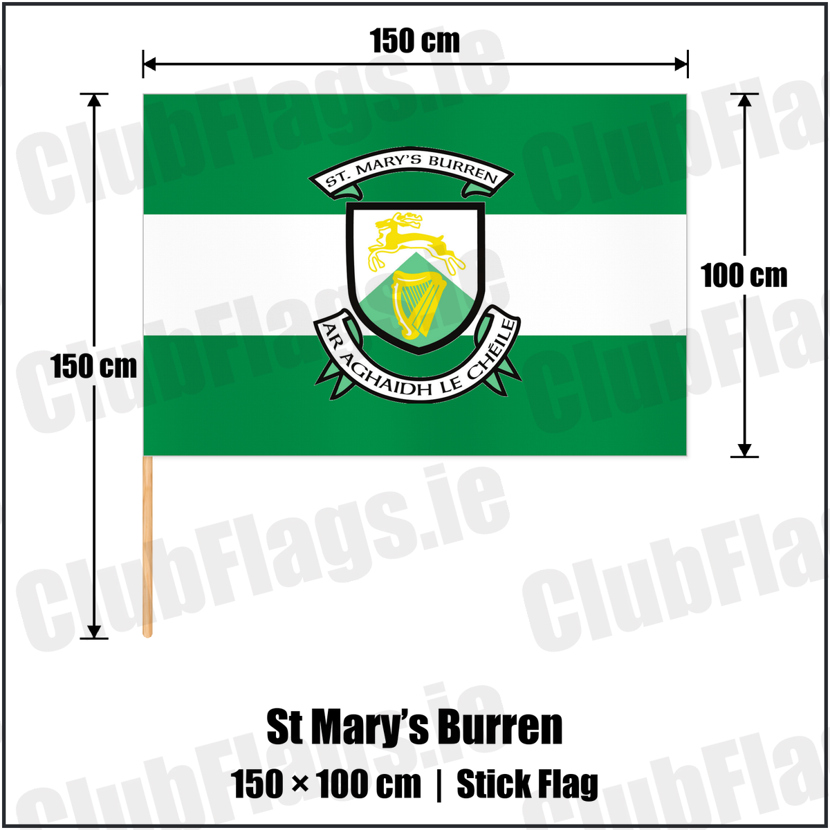St Mary’s Burren 100cm x 150cm Stick Flag with the club crest and colours, Down GAA - ClubFlags.ie