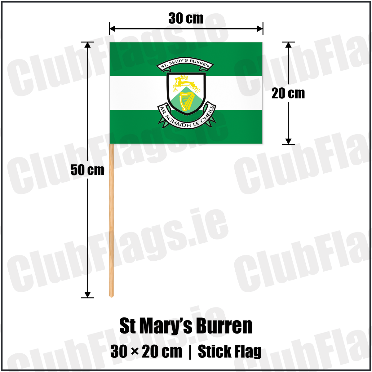 St Mary’s Burren 20cm x 30cm Stick Flag with the club crest and colours, Down GAA - ClubFlags.ie