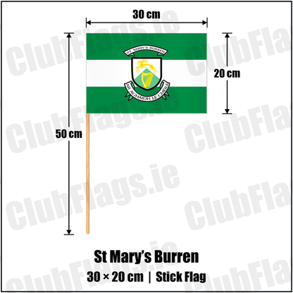 St Mary’s Burren 20cm x 30cm Stick Flag with the club crest and colours, Down GAA - ClubFlags.ie