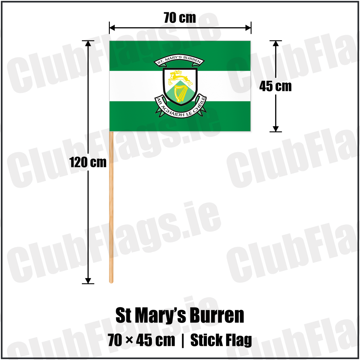 St Mary’s Burren 45cm x 70cm Stick Flag with the club crest and colours, Down GAA - ClubFlags.ie