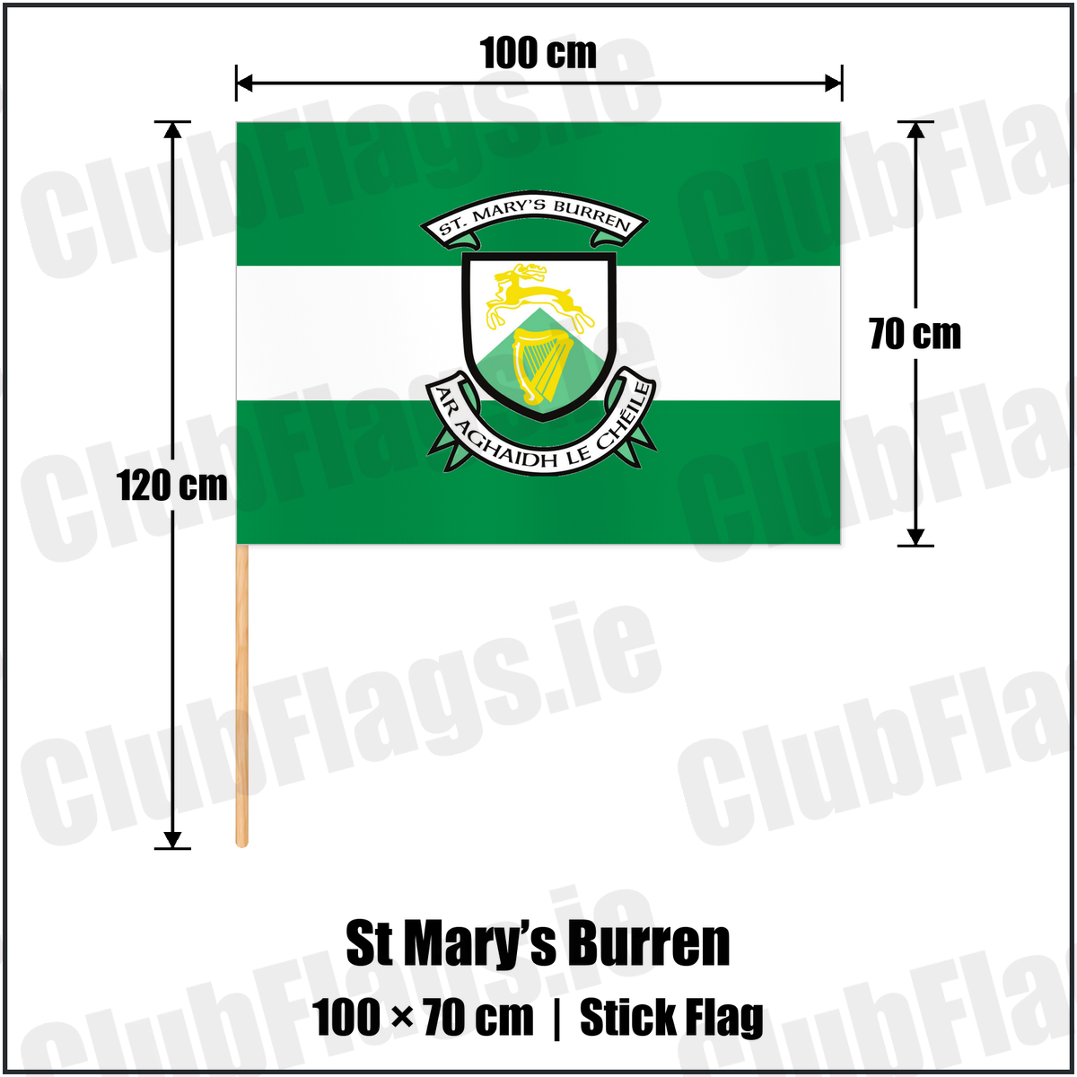 St Mary’s Burren 70cm x 100cm Stick Flag with the club crest and colours, Down GAA - ClubFlags.ie