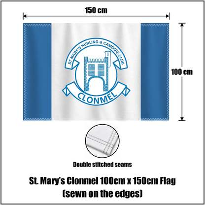 St. Mary’s Clonmel 100cm x 150cm Flag (sewn on the edges), featuring the club crest and blue and white colours; County Tipperary GAA. ClubFlags.ie.