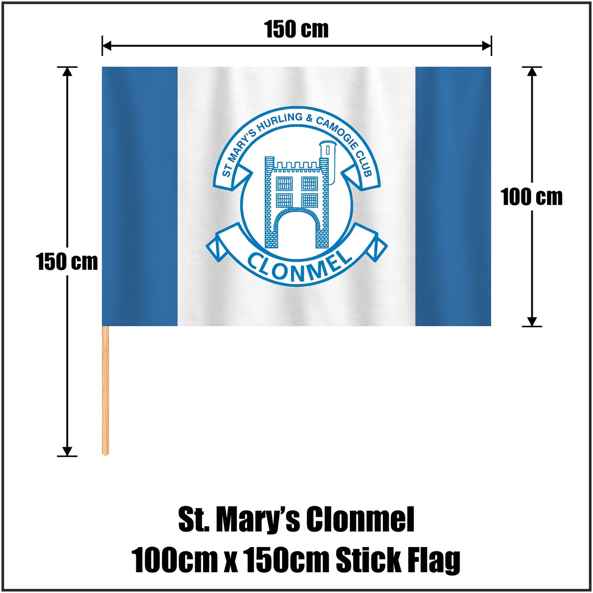 St. Mary’s Clonmel 100cm x 150cm Stick Flag, featuring the club crest and blue and white colours; County Tipperary GAA. ClubFlags.ie.