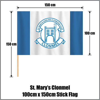 St. Mary’s Clonmel 100cm x 150cm Stick Flag, featuring the club crest and blue and white colours; County Tipperary GAA. ClubFlags.ie.