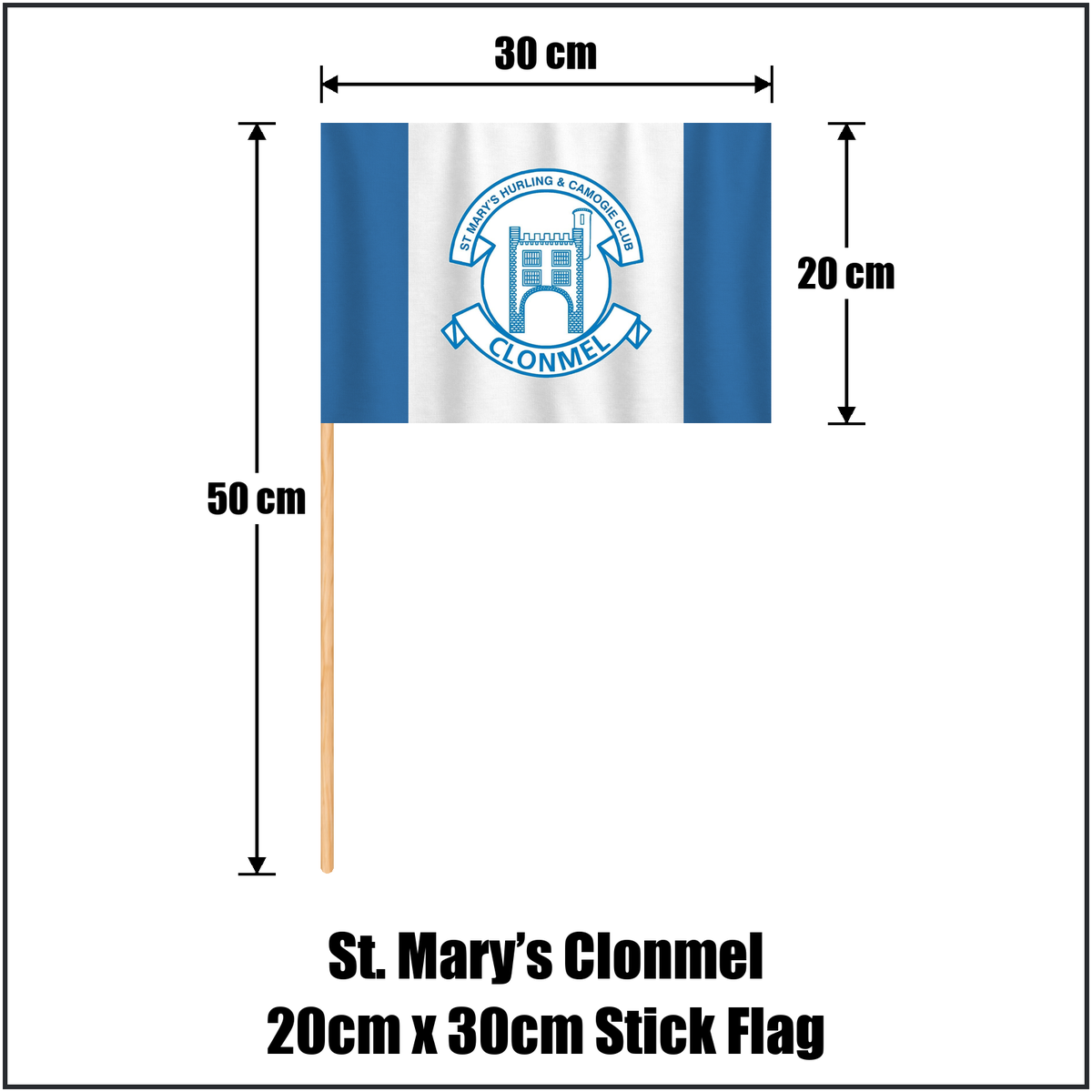 St. Mary’s Clonmel 20cm x 30cm Stick Flag, featuring the club crest and blue and white colours; County Tipperary GAA. ClubFlags.ie.