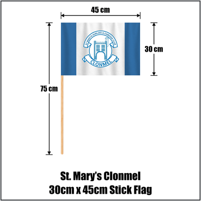 St. Mary’s Clonmel 30cm x 45cm Stick Flag, featuring the club crest and blue and white colours; County Tipperary GAA. ClubFlags.ie.