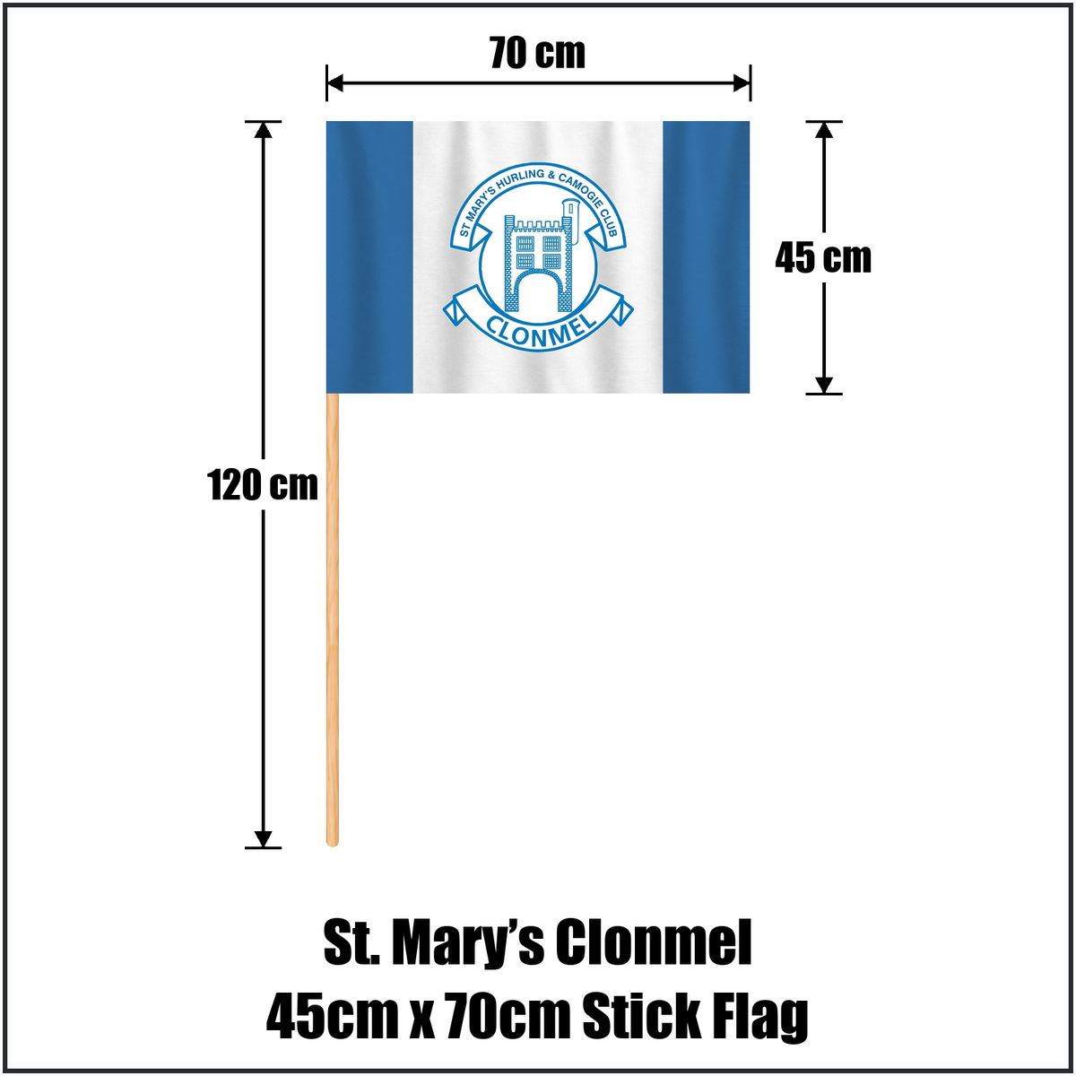 St. Mary’s Clonmel 45cm x 70cm Stick Flag, featuring the club crest and blue and white colours; County Tipperary GAA. ClubFlags.ie.