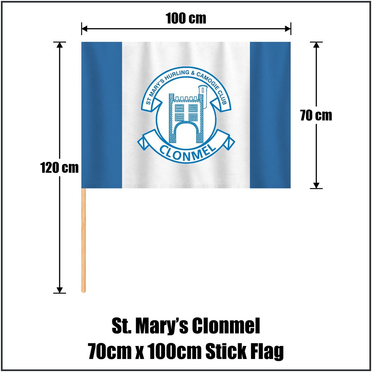 St. Mary’s Clonmel 70cm x 100cm Stick Flag, featuring the club crest and blue and white colours; County Tipperary GAA. ClubFlags.ie.
