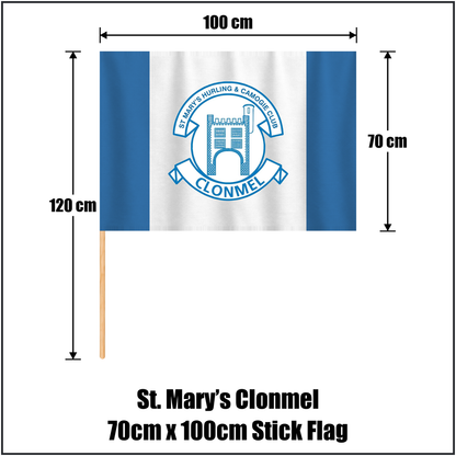 St. Mary’s Clonmel 70cm x 100cm Stick Flag, featuring the club crest and blue and white colours; County Tipperary GAA. ClubFlags.ie.
