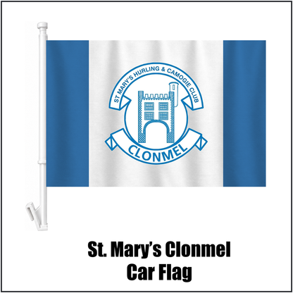 St. Mary’s Clonmel Car Flag, featuring the club crest and blue and white colours; County Tipperary GAA. ClubFlags.ie.