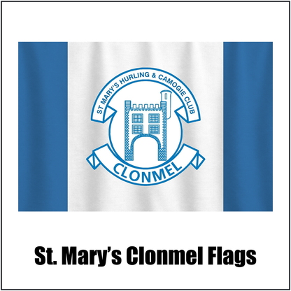 St. Mary’s Clonmel Flags, featuring the club crest and blue and white colours; County Tipperary GAA. ClubFlags.ie.
