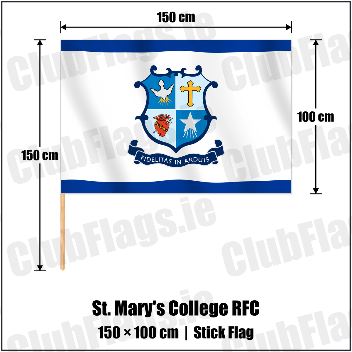 St. Mary's College RFC 100cm x 150cm Stick Flag with the club crest and colours, Dublin Rugby - ClubFlags.ie