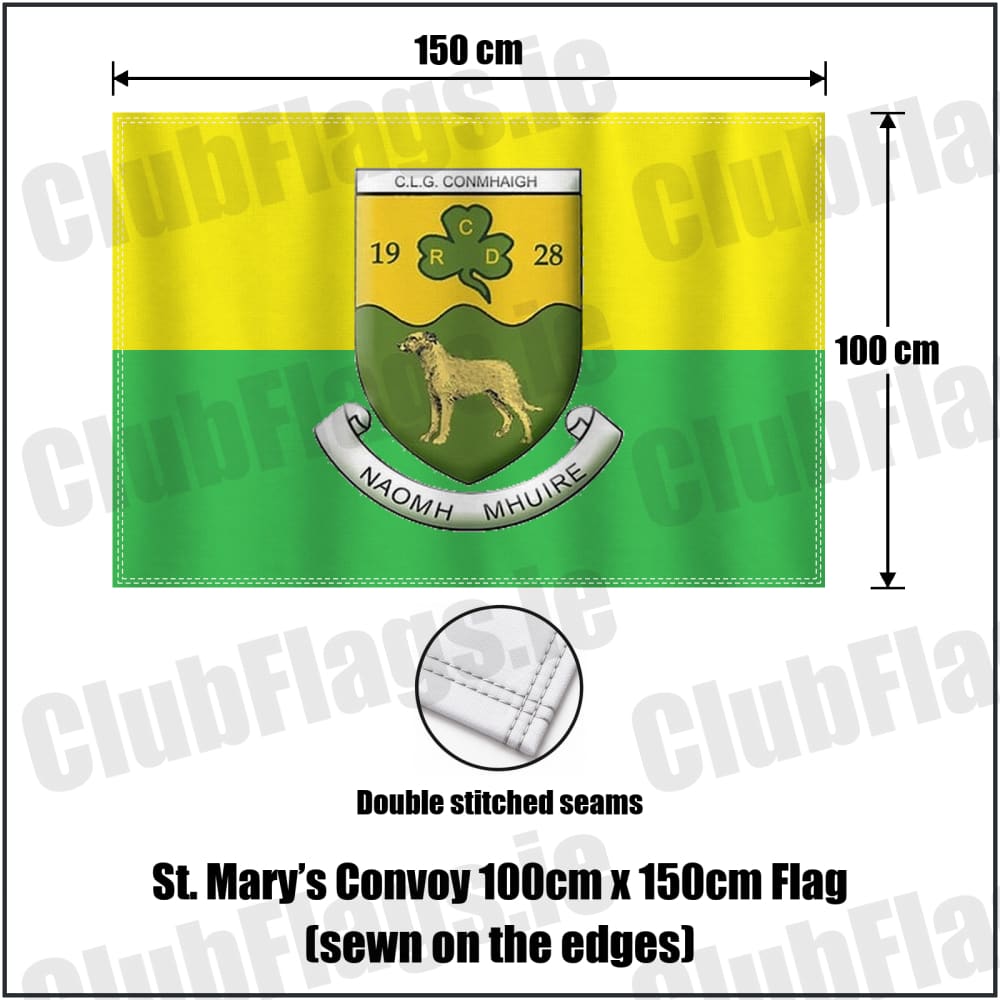 St. Mary’s Convoy 100cm x 150cm Flag (sewn on the edges) in green and gold, featuring the club crest on realistic fabric with gentle vertical folds; County Donegal GAA. ClubFlags.ie.