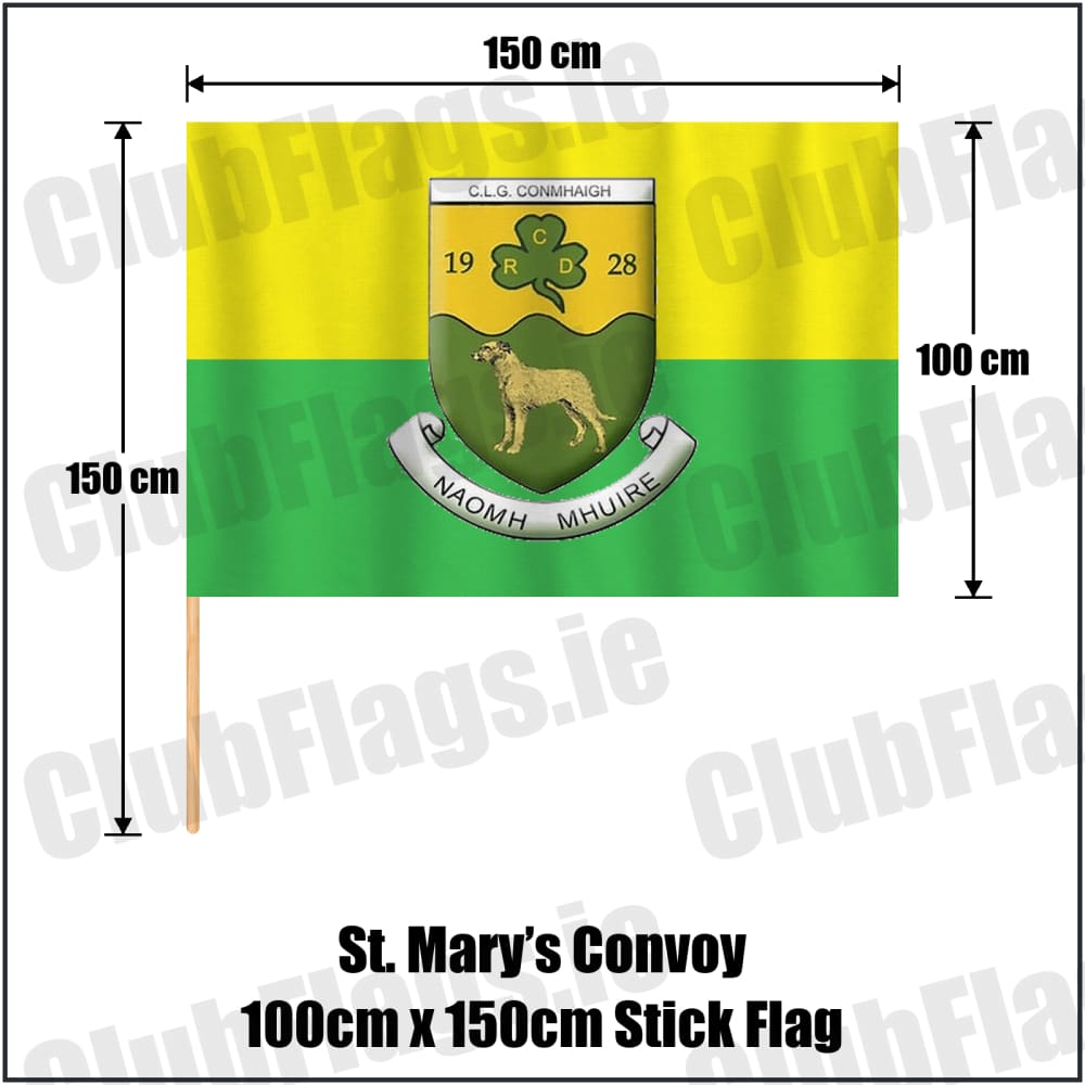St. Mary’s Convoy 100cm x 150cm Stick Flag in green and gold, featuring the club crest on realistic fabric with gentle vertical folds; County Donegal GAA. ClubFlags.ie.