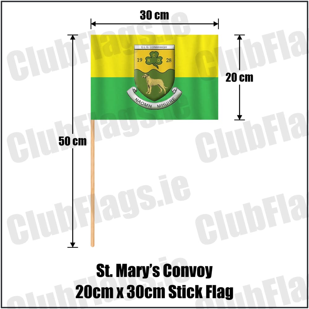 St. Mary’s Convoy 20cm x 30cm Stick Flag in green and gold, featuring the club crest on realistic fabric with gentle vertical folds; County Donegal GAA. ClubFlags.ie.