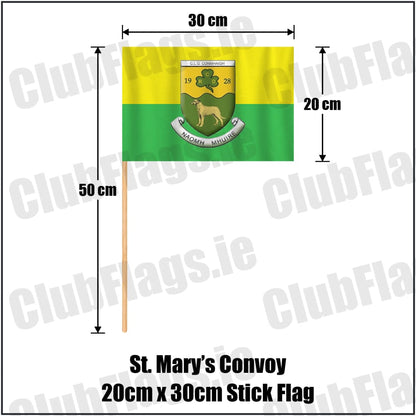 St. Mary’s Convoy 20cm x 30cm Stick Flag in green and gold, featuring the club crest on realistic fabric with gentle vertical folds; County Donegal GAA. ClubFlags.ie.