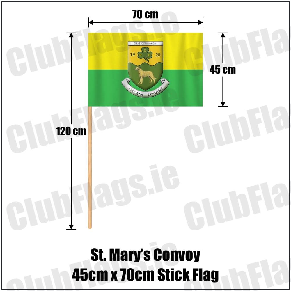 St. Mary’s Convoy 45cm x 70cm Stick Flag in green and gold, featuring the club crest on realistic fabric with gentle vertical folds; County Donegal GAA. ClubFlags.ie.