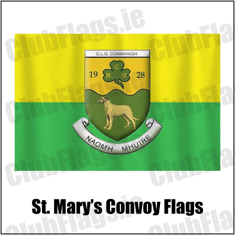 St. Mary’s Convoy Flags in green and gold, featuring the club crest on realistic fabric with gentle vertical folds; County Donegal GAA. ClubFlags.ie.