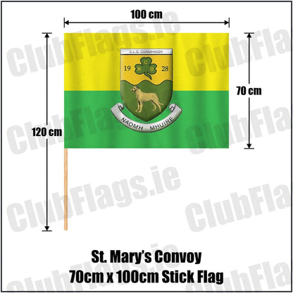 St. Mary’s Convoy 70cm x 100cm Stick Flag in green and gold, featuring the club crest on realistic fabric with gentle vertical folds; County Donegal GAA. ClubFlags.ie.