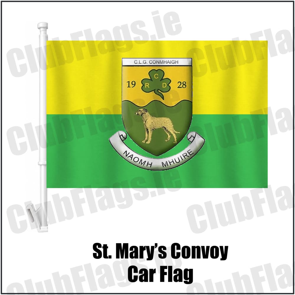 St. Mary’s Convoy Car Flag in green and gold, featuring the club crest on realistic fabric with gentle vertical folds; County Donegal GAA. ClubFlags.ie.