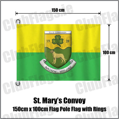 St. Mary’s Convoy 150cm x 100cm Flag Pole Flag with Rings in green and gold, featuring the club crest on realistic fabric with gentle vertical folds; County Donegal GAA. ClubFlags.ie.