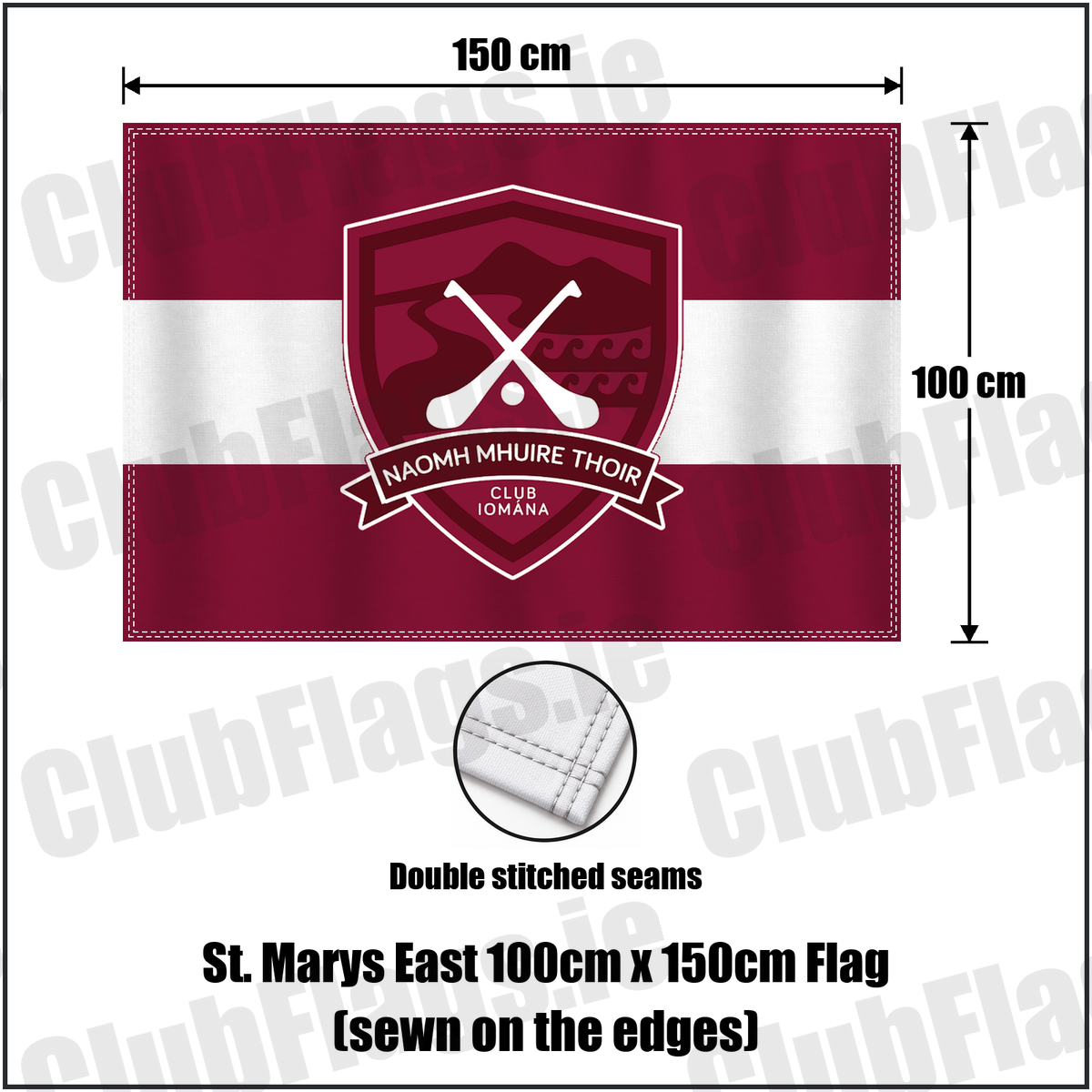 St. Marys East 100cm x 150cm Flag (sewn on the edges), featuring the club crest and maroon and white colours; County Waterford GAA. ClubFlags.ie.