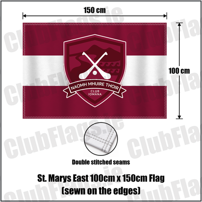 St. Marys East 100cm x 150cm Flag (sewn on the edges), featuring the club crest and maroon and white colours; County Waterford GAA. ClubFlags.ie.