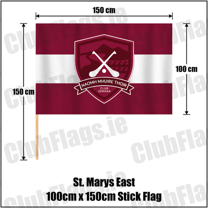 St. Marys East 100cm x 150cm Stick Flag, featuring the club crest and maroon and white colours; County Waterford GAA. ClubFlags.ie.