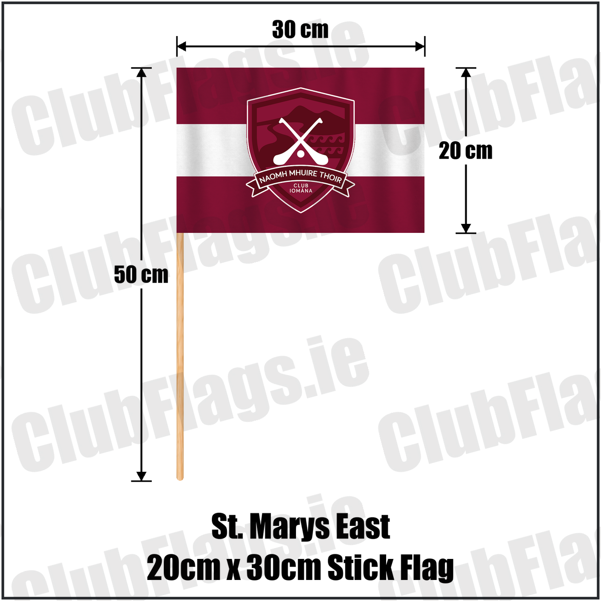 St. Marys East 20cm x 30cm Stick Flag, featuring the club crest and maroon and white colours; County Waterford GAA. ClubFlags.ie.