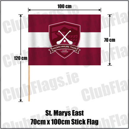 St. Marys East 70cm x 100cm Stick Flag, featuring the club crest and maroon and white colours; County Waterford GAA. ClubFlags.ie.