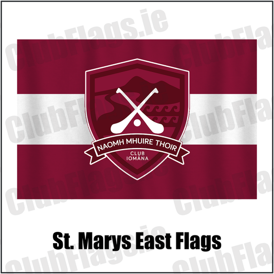 St. Marys East Flags, featuring the club crest and maroon and white colours; County Waterford GAA. ClubFlags.ie.