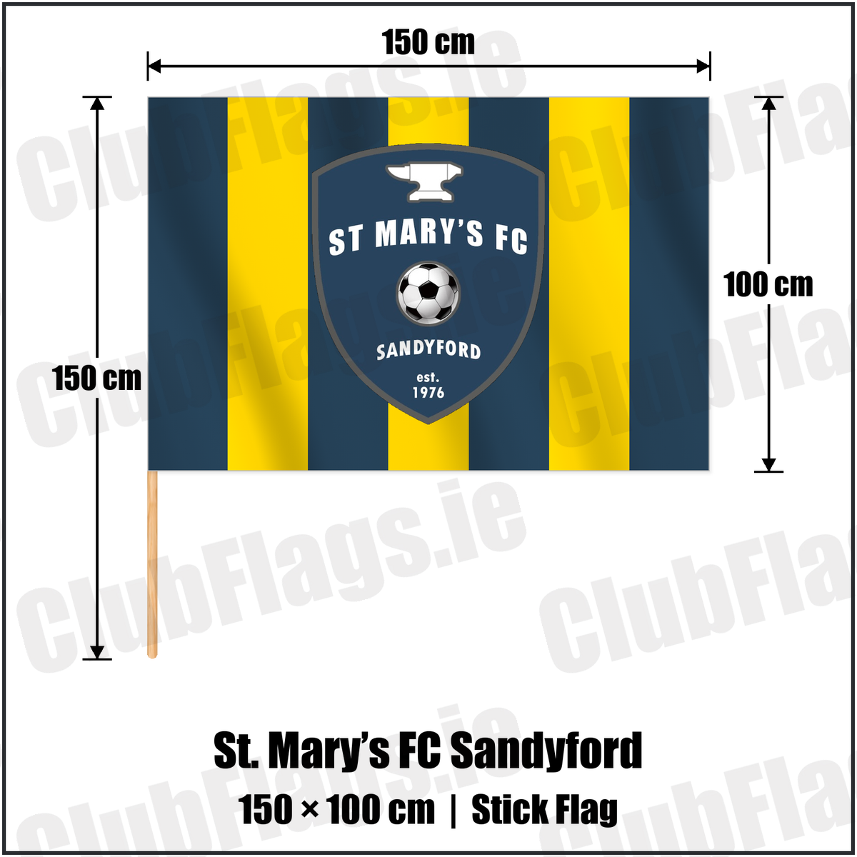 St. Mary’s FC Sandyford 100cm x 150cm Stick Flag with the club crest and colours, Dublin Football - ClubFlags.ie