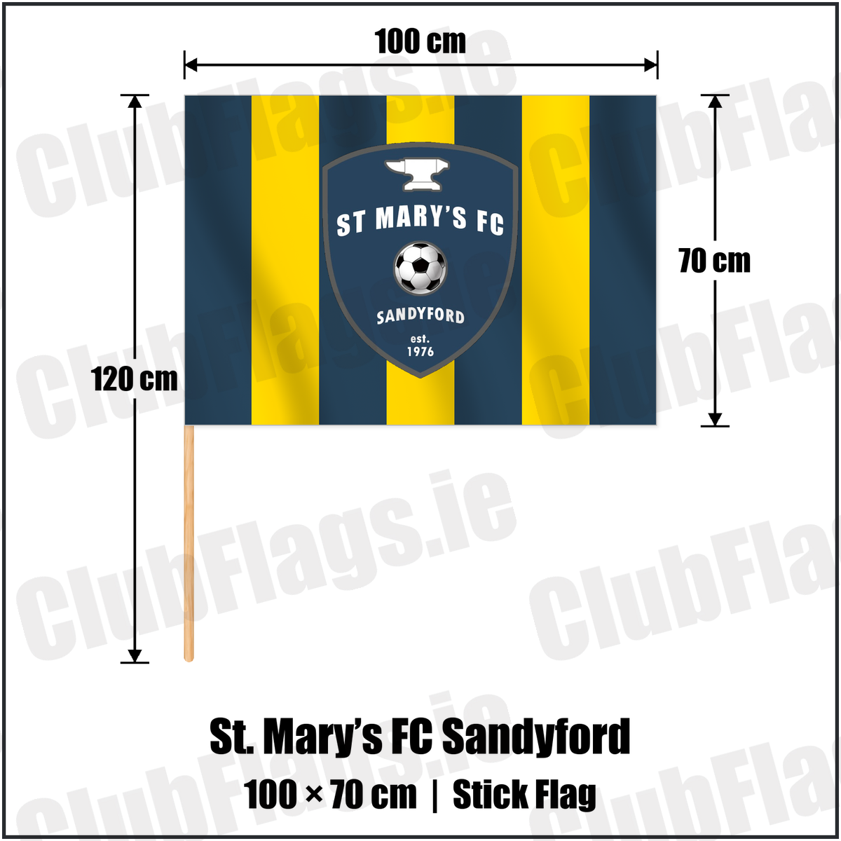 St. Mary’s FC Sandyford 70cm x 100cm Stick Flag with the club crest and colours, Dublin Football - ClubFlags.ie