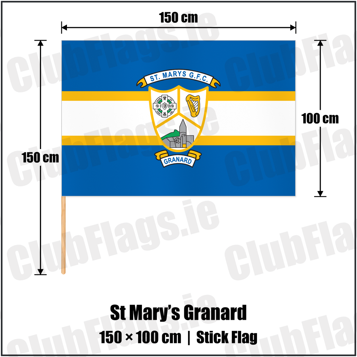 St Mary’s Granard 100cm x 150cm Stick Flag with the club crest and colours, Longford GAA - ClubFlags.ie