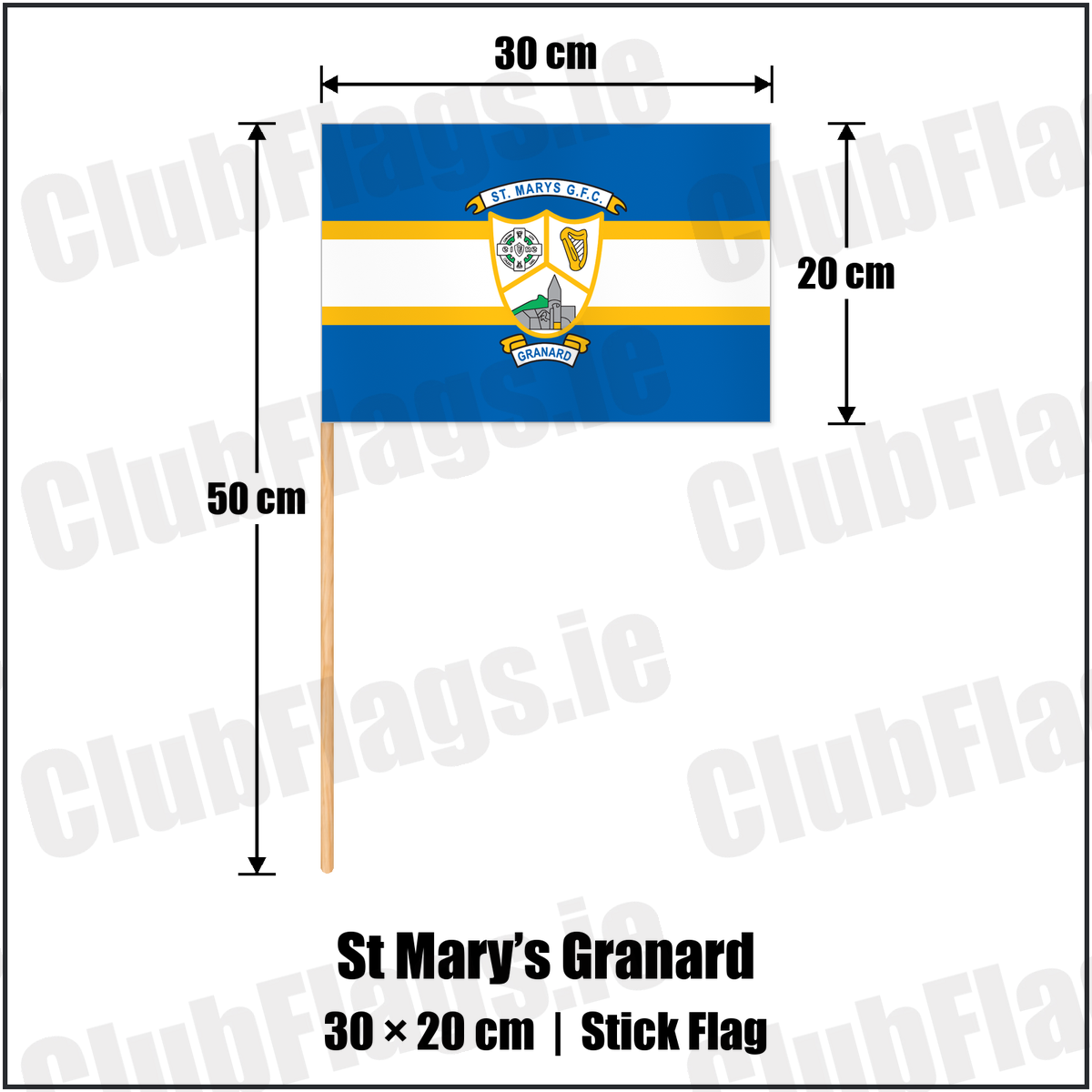 St Mary’s Granard 20cm x 30cm Stick Flag with the club crest and colours, Longford GAA - ClubFlags.ie