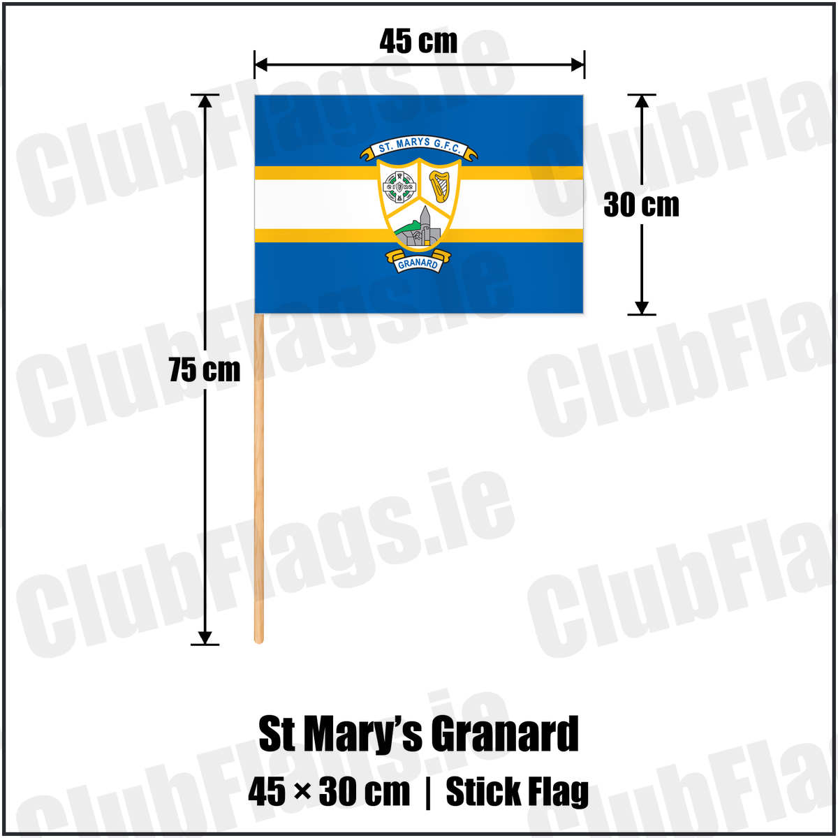 St Mary’s Granard 30cm x 45cm Stick Flag with the club crest and colours, Longford GAA - ClubFlags.ie