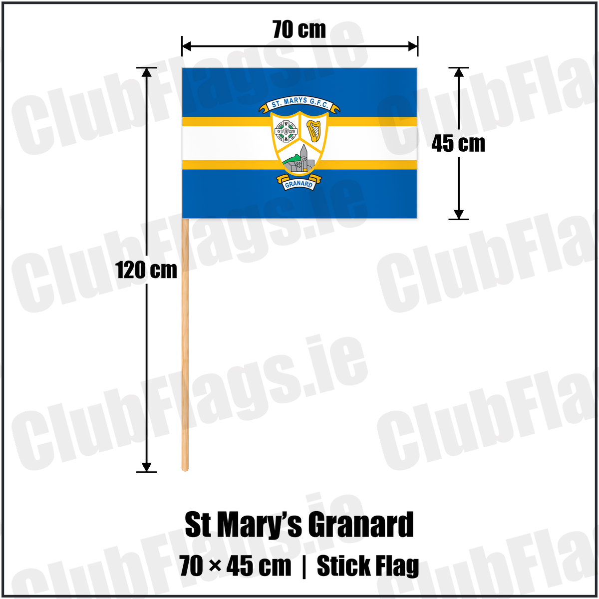 St Mary’s Granard 45cm x 70cm Stick Flag with the club crest and colours, Longford GAA - ClubFlags.ie