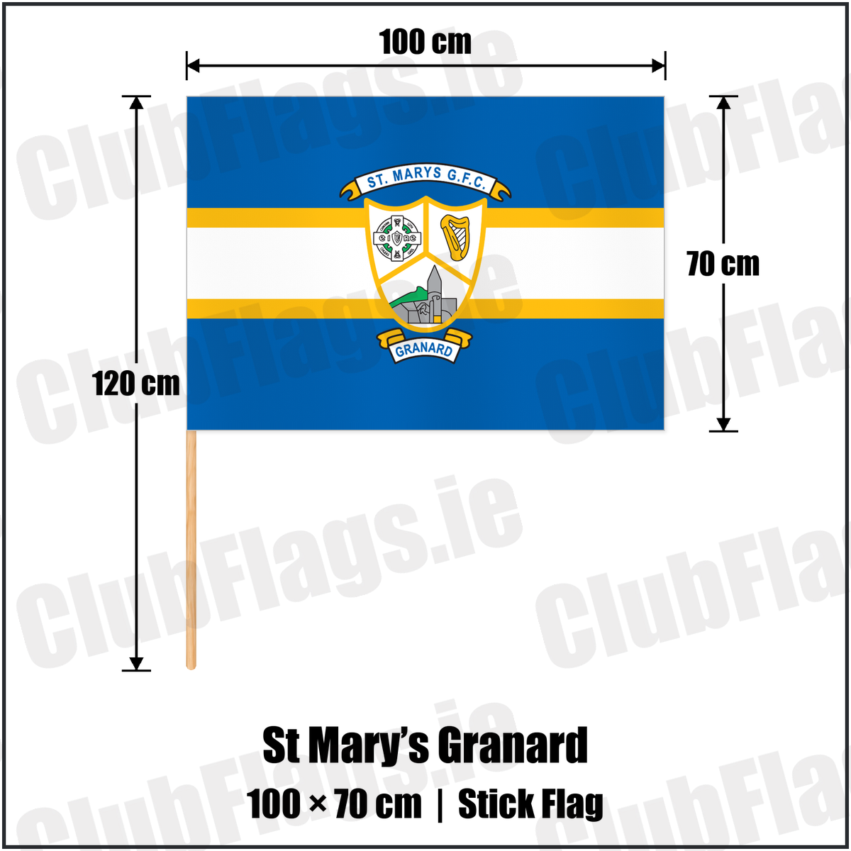 St Mary’s Granard 70cm x 100cm Stick Flag with the club crest and colours, Longford GAA - ClubFlags.ie