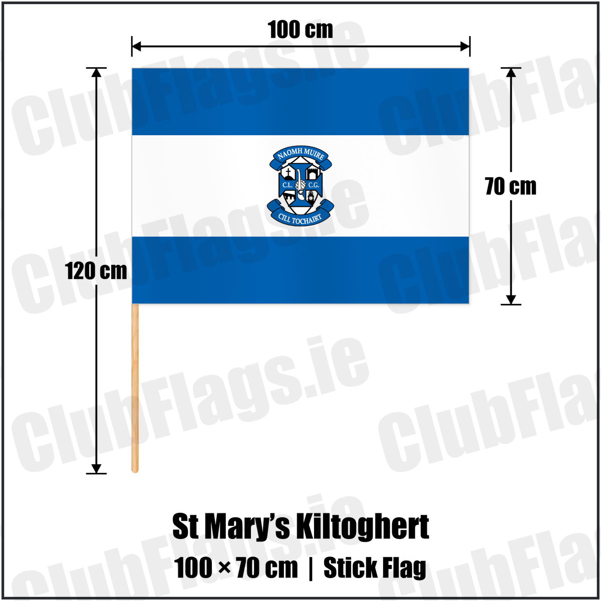 St Mary’s Kiltoghert 70cm x 100cm Stick Flag with the club crest and colours, Leitrim GAA - ClubFlags.ie