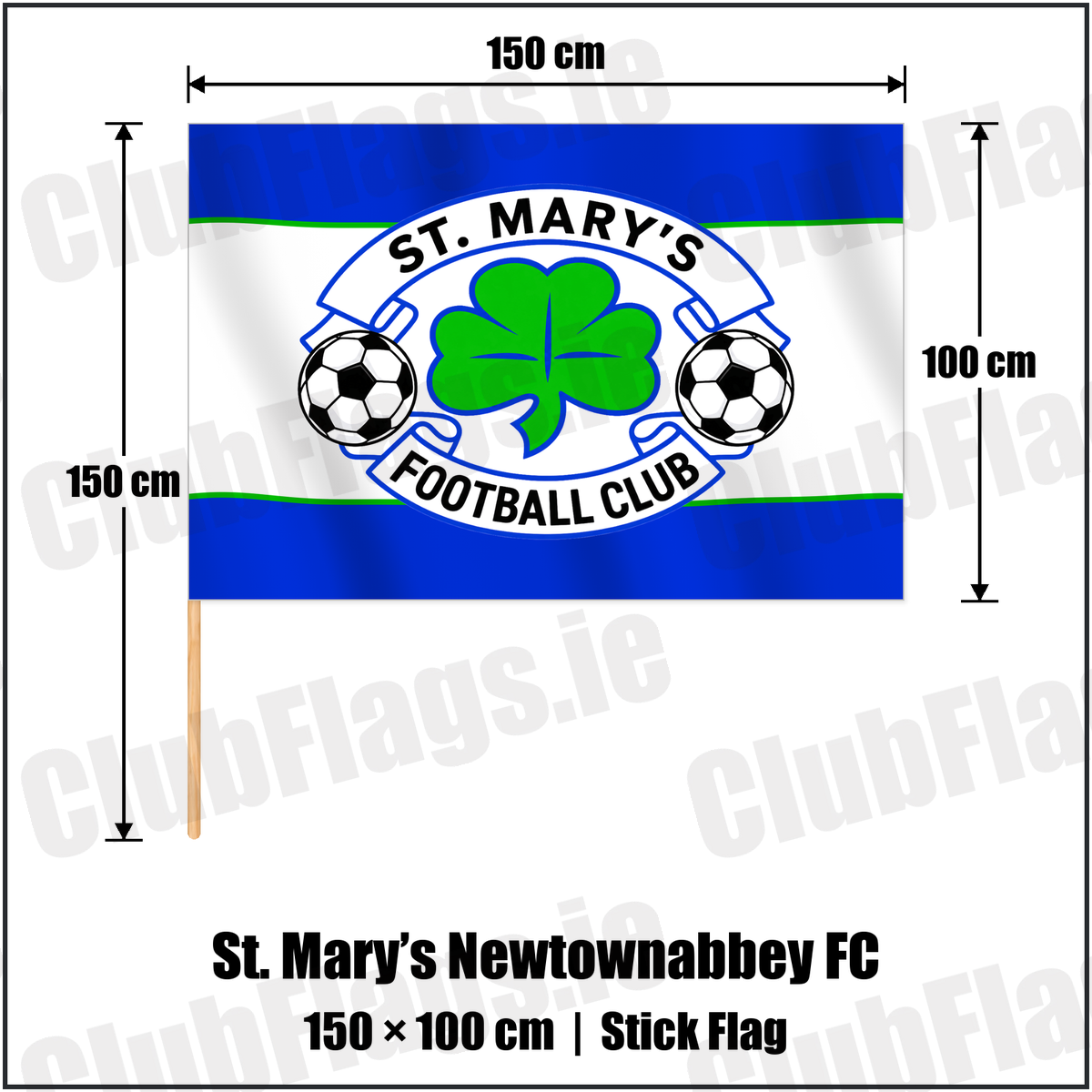 St. Mary’s Newtownabbey FC 100cm x 150cm Stick Flag with the club crest and colours, Antrim Football - ClubFlags.ie