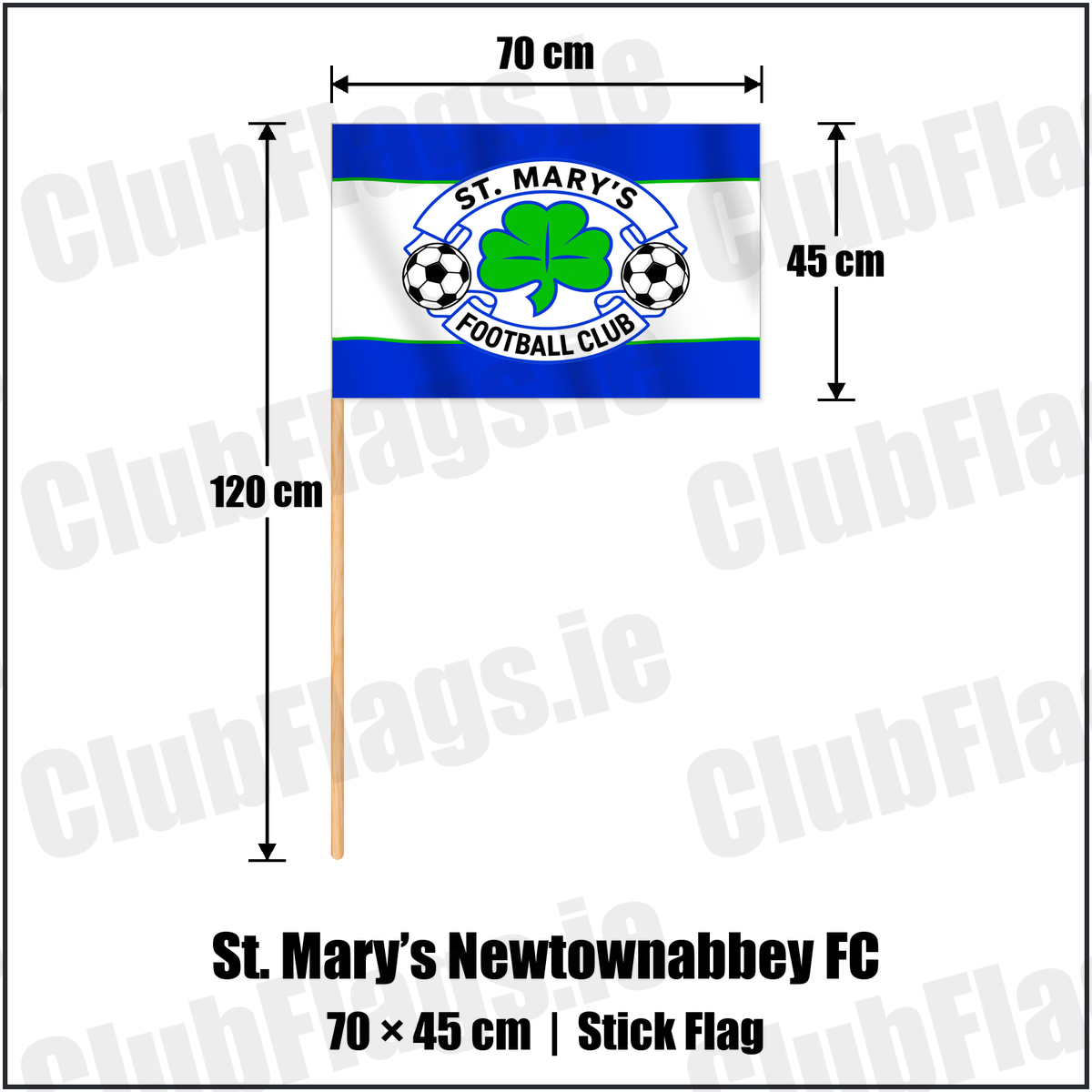 St. Mary’s Newtownabbey FC 45cm x 70cm Stick Flag with the club crest and colours, Antrim Football - ClubFlags.ie