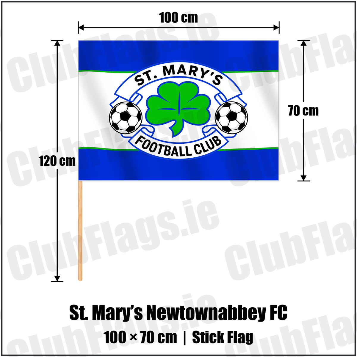 St. Mary’s Newtownabbey FC 70cm x 100cm Stick Flag with the club crest and colours, Antrim Football - ClubFlags.ie
