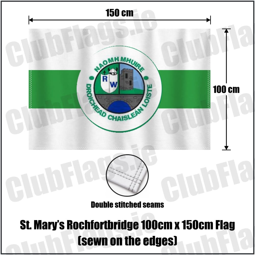 St. Mary’s Rochfortbridge 100cm x 150cm Flag (sewn on the edges) in green and white, featuring the club crest on realistic fabric with gentle vertical folds; County Westmeath GAA. ClubFlags.ie.