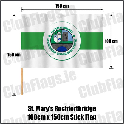 St. Mary’s Rochfortbridge 100cm x 150cm Stick Flag in green and white, featuring the club crest on realistic fabric with gentle vertical folds; County Westmeath GAA. ClubFlags.ie.