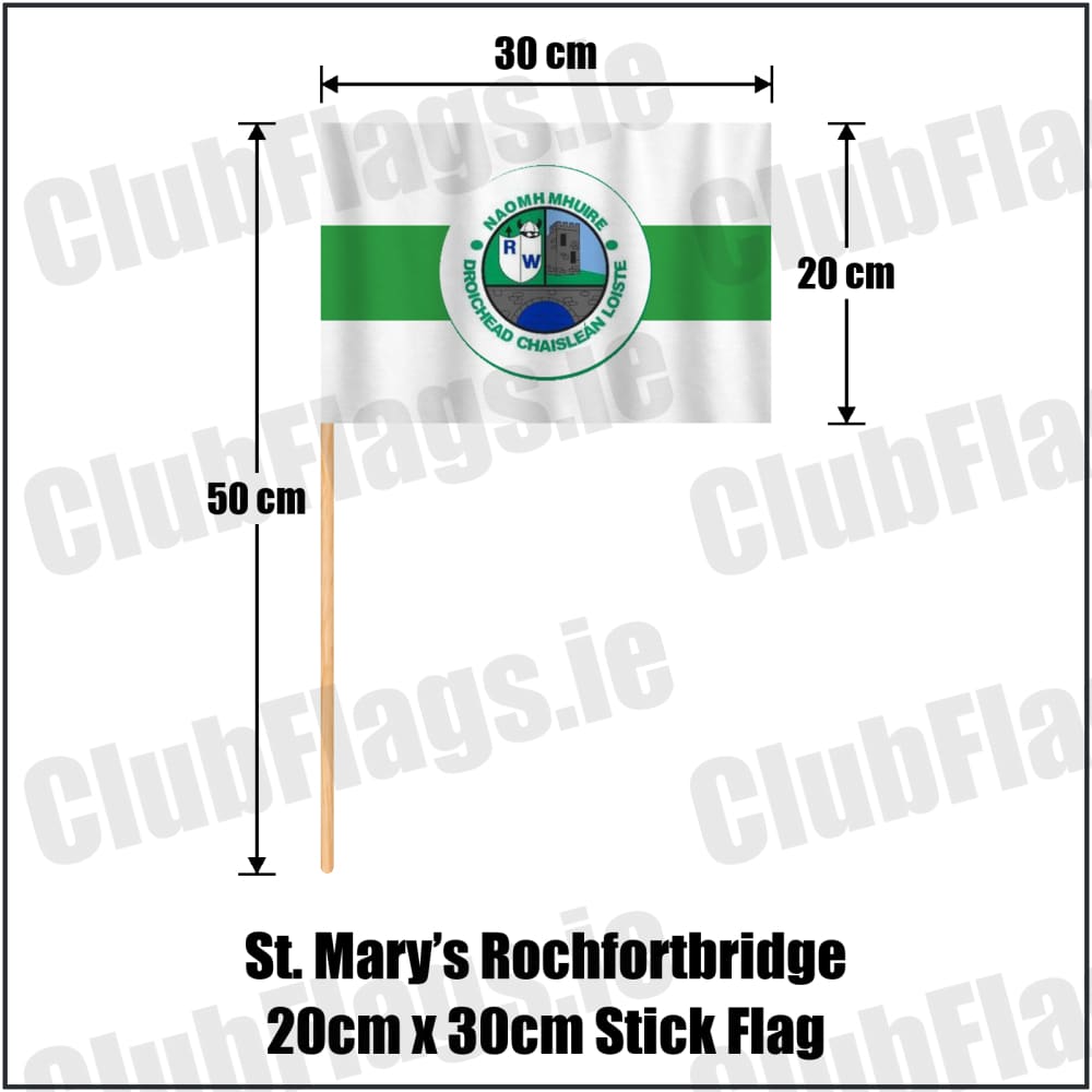 St. Mary’s Rochfortbridge 20cm x 30cm Stick Flag in green and white, featuring the club crest on realistic fabric with gentle vertical folds; County Westmeath GAA. ClubFlags.ie.