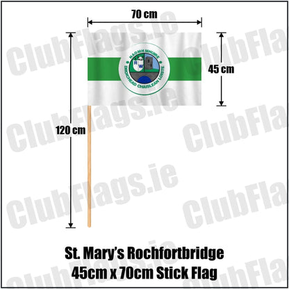 St. Mary’s Rochfortbridge 45cm x 70cm Stick Flag in green and white, featuring the club crest on realistic fabric with gentle vertical folds; County Westmeath GAA. ClubFlags.ie.