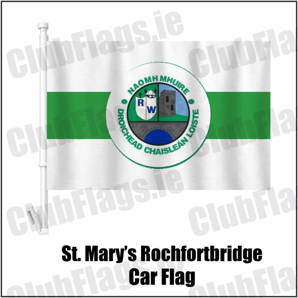 St. Mary’s Rochfortbridge Car Flag in green and white, featuring the club crest on realistic fabric with gentle vertical folds; County Westmeath GAA. ClubFlags.ie.